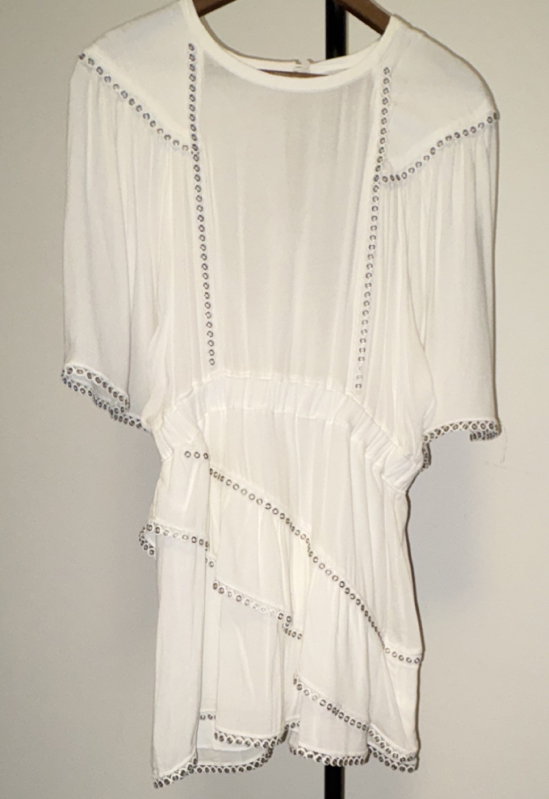 IRO Paris White V-Neck mini dress 100% Viscose eyelet trim elastic waist size 38