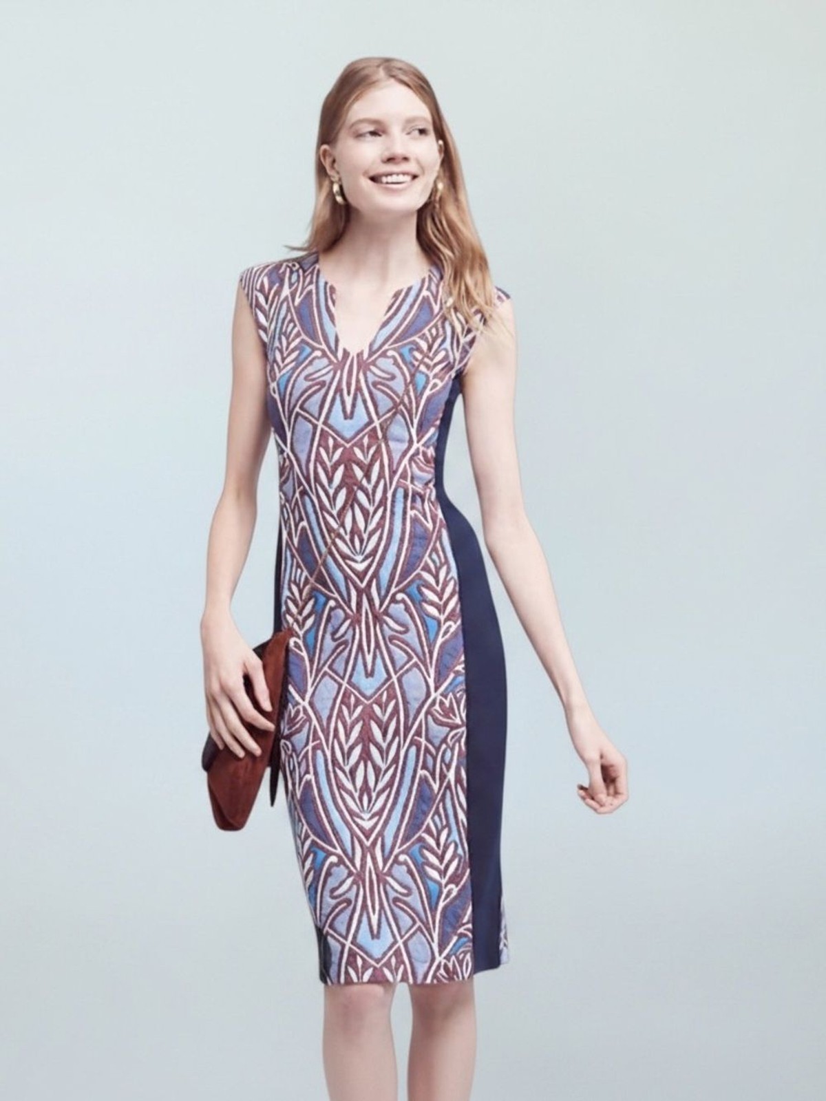 Anthropologie HD in Paris Cleo Jacquard Sheath Midi Dress Navy Brown Blue Sz S