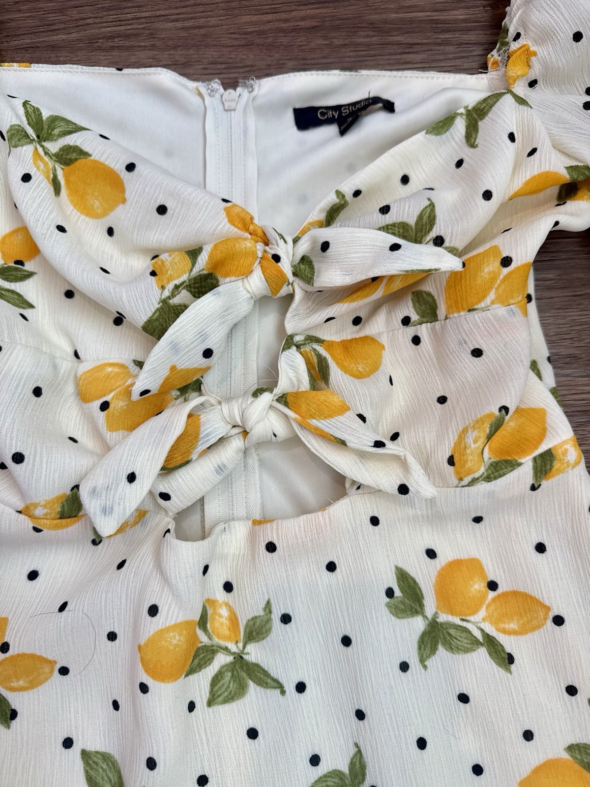 City Studio Women’s S White Polka Dot Lemon Print V-Neck Cutout Mini Dress