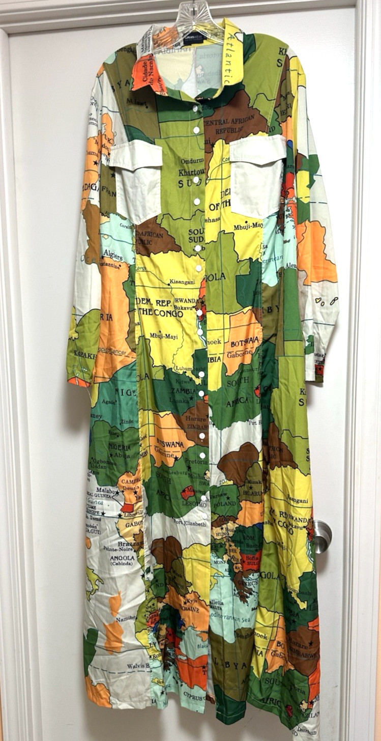 XPlus Wear Womens Long Sleeve Button-Up Shirt Dress Multi Map Print Size 2XL