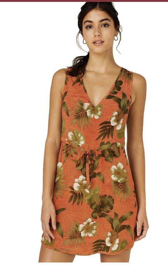 Hawaiian style sleeveless drawstring waist V neck dress Floral Tropical