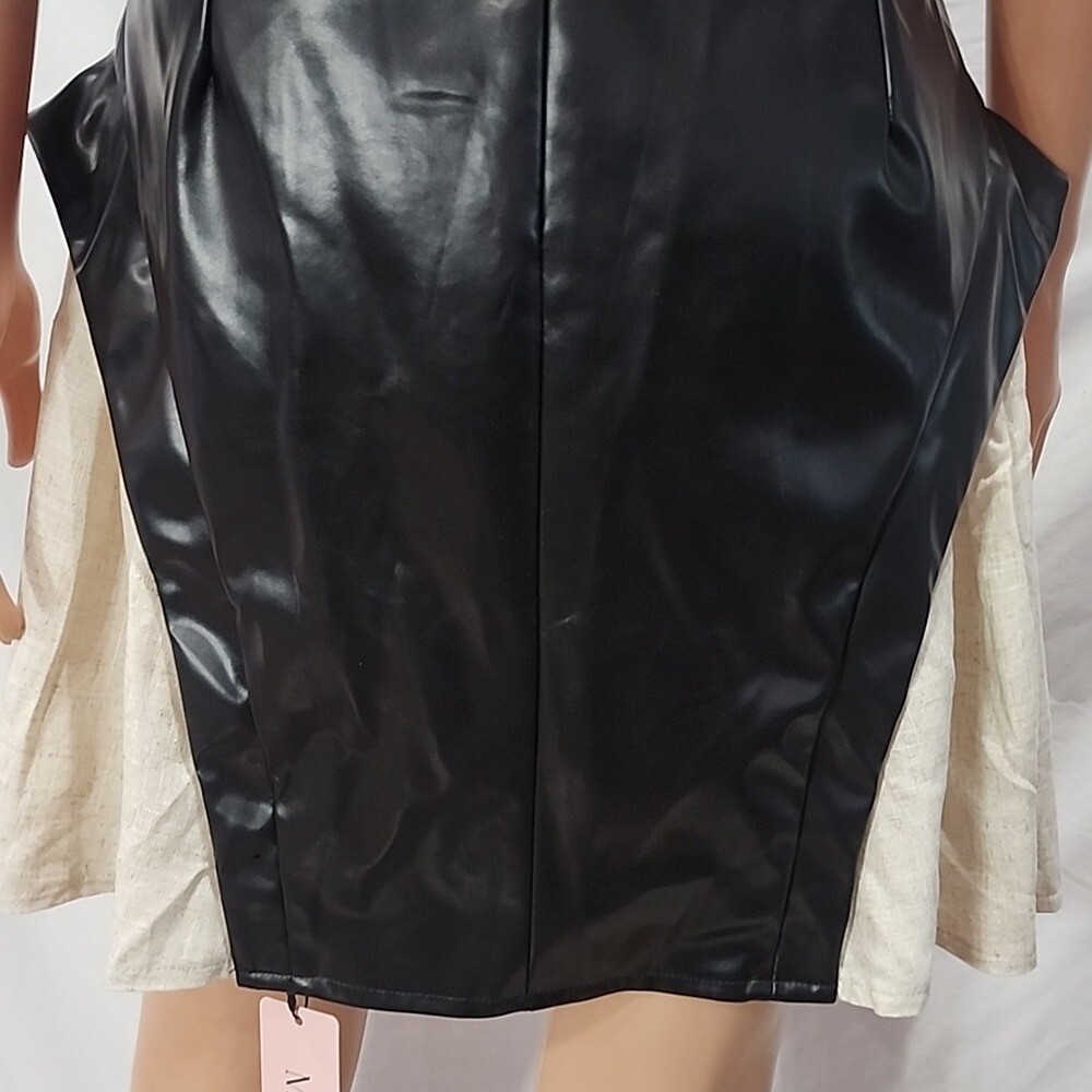 MICAS Solid Pu Patchwork Ruched Zipper Mini Dress Black/Cream Size XL NWT