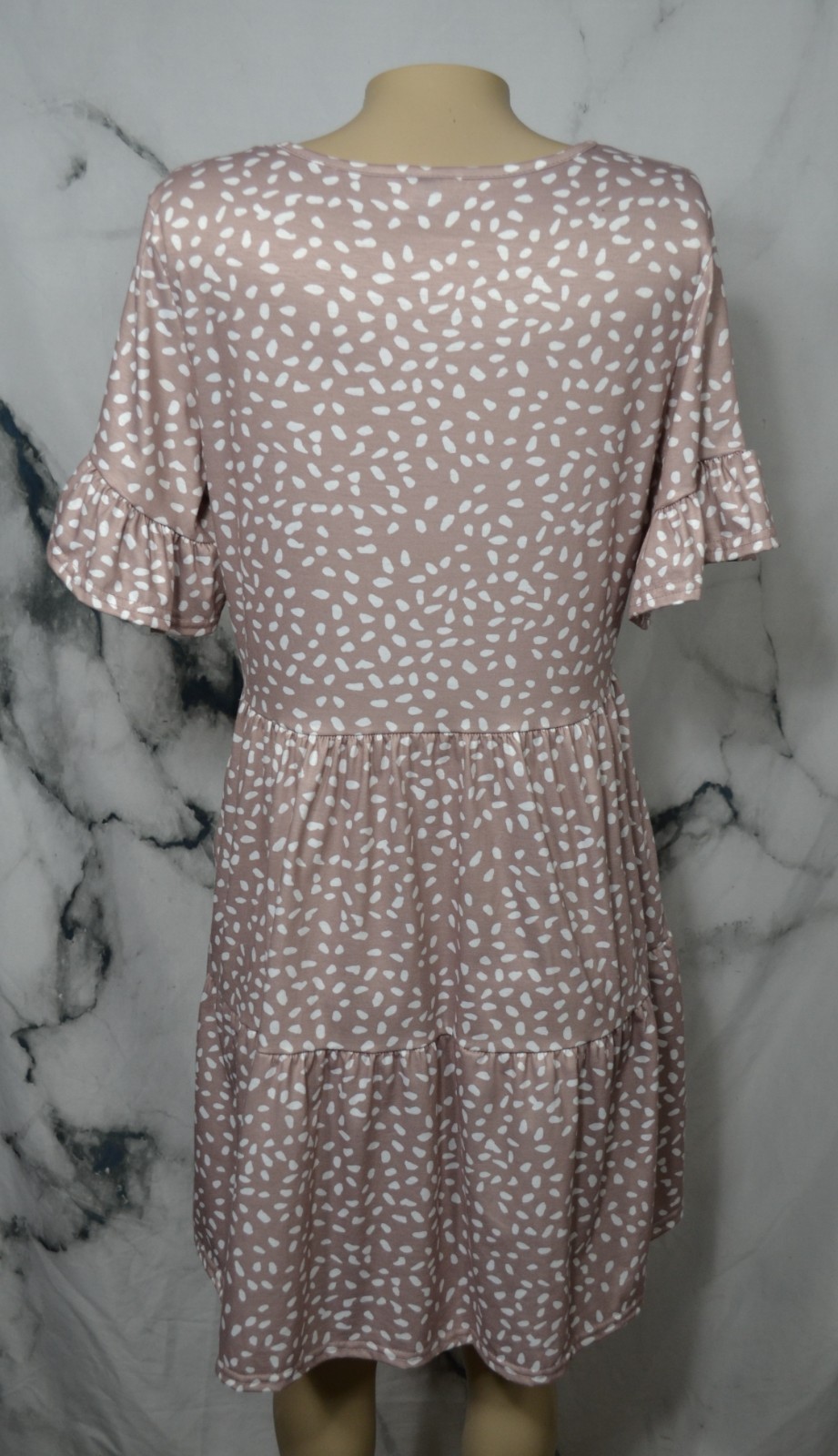 NCLOOK Tan Cream Patterned V Neck Dress Large Side Pockets Ruffled Hem Sleeves