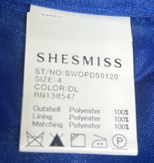 Shesmiss Blue Long Sleeve Polyester V-Neck Ruched Dress Made In Korea, Sz 4 -EUC