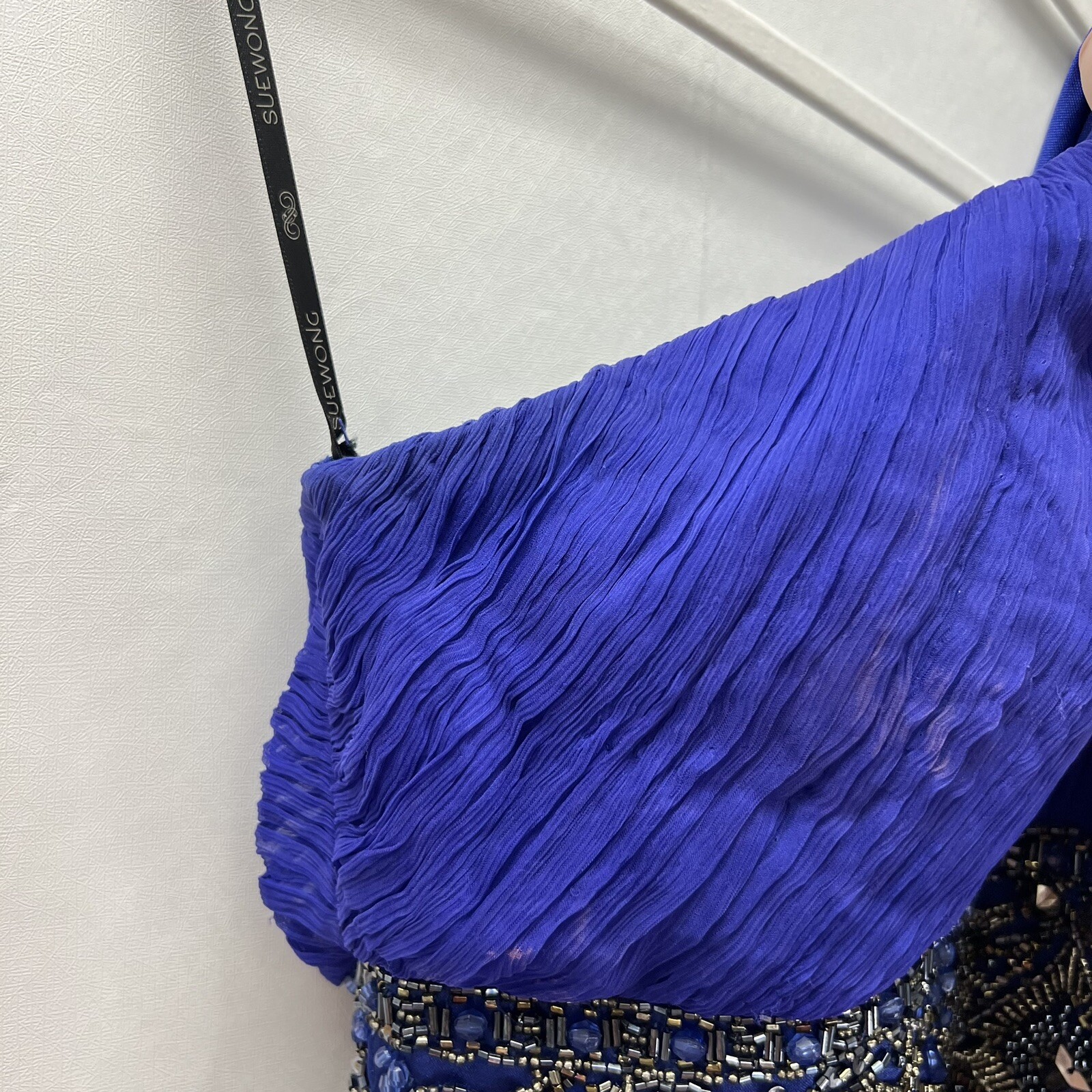 Sue Wong Nocturne Blue Silk Beaded Sequin Embellished One Shoulder Mini Dress 6