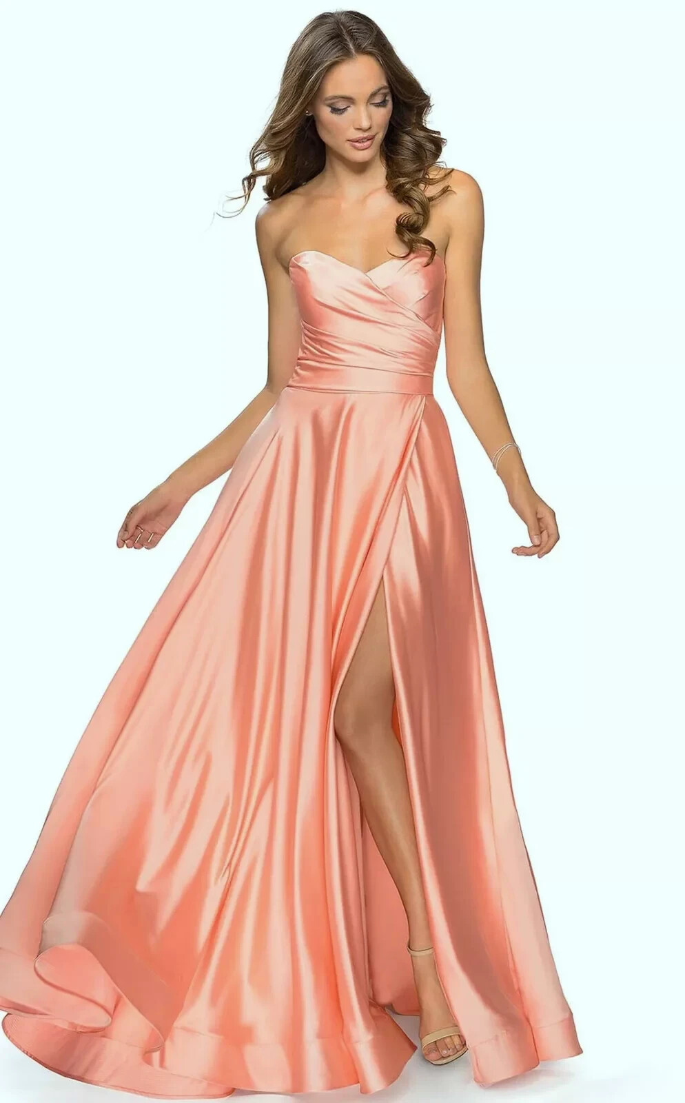 La Femme Peach Strapless Slit Satin Ballgown Size 8 $368