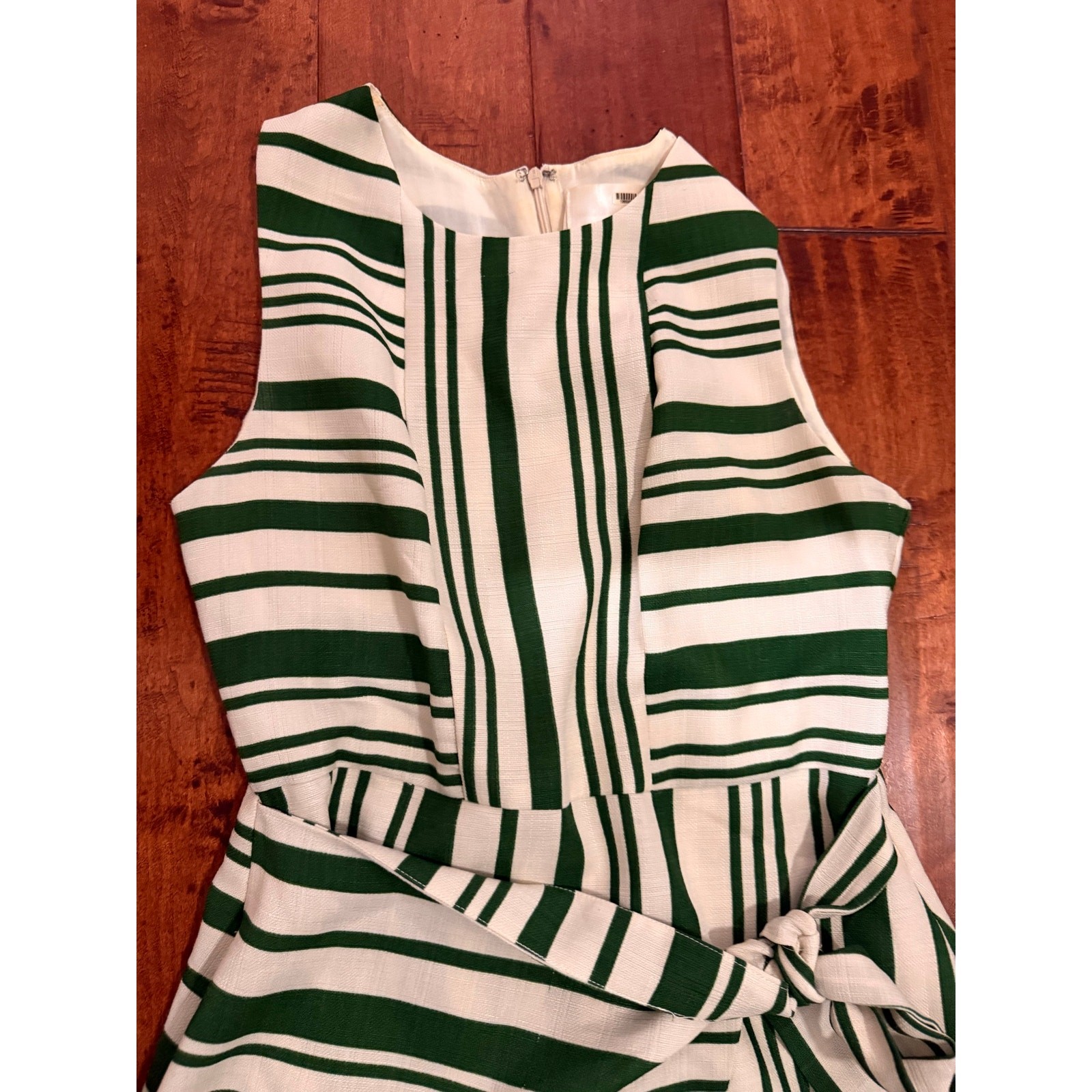 J.O.A. Faustina Green and Cream Striped Midi Wrap Dress.