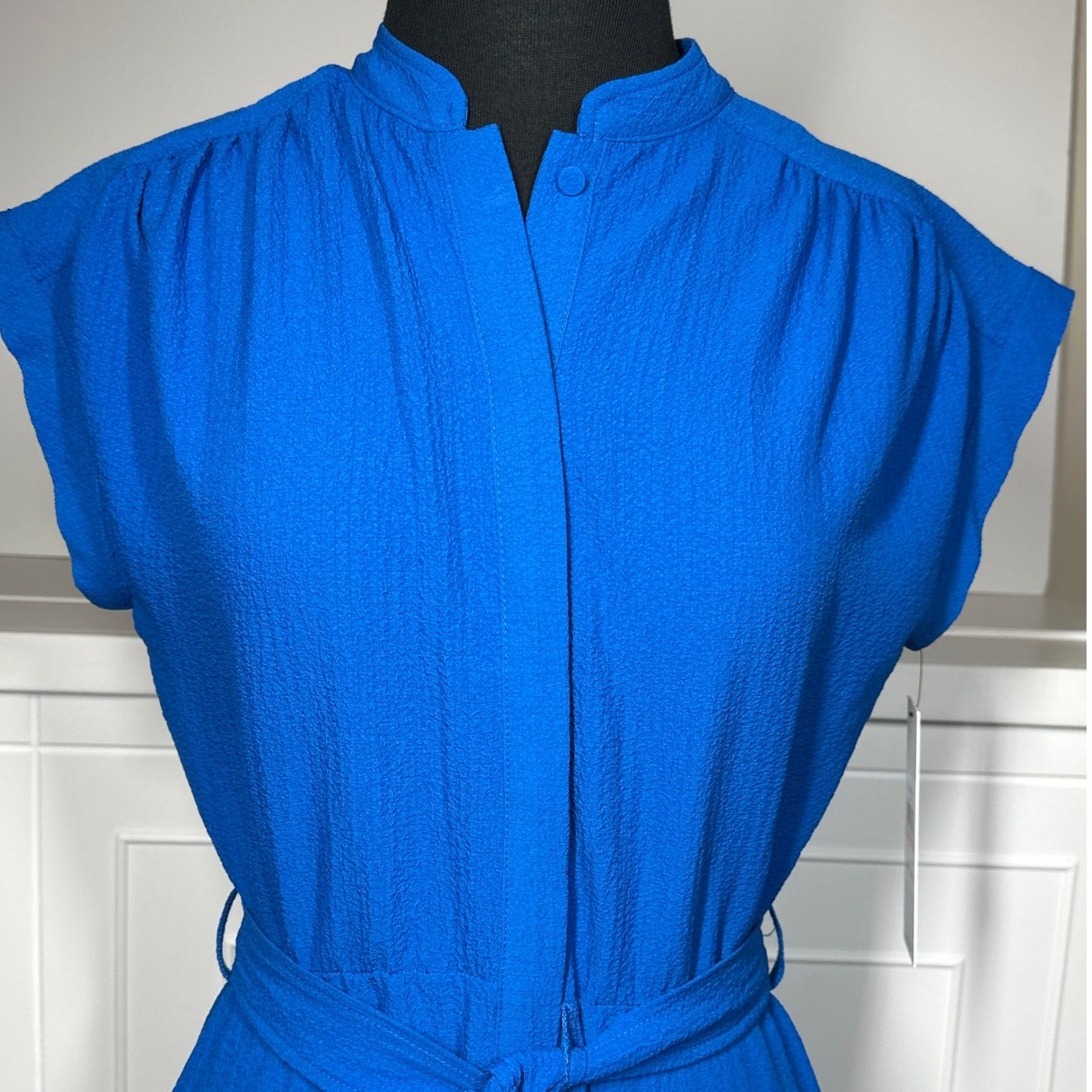 Calvin Klein Midi Button Front Dress Self Tie Textured Blue Sz 2 Office Career