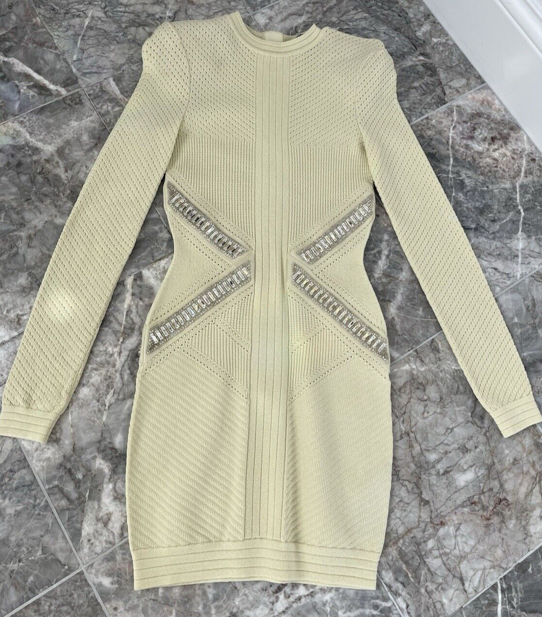 BALMAIN Pale Yellow Crystal Embellished Long Sleeved Dress FR 38 US 4