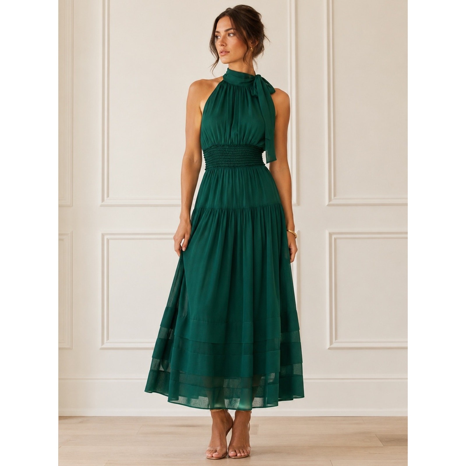 Ulla Johnson Maya Silk Chiffon Everglade Halter Midi Dress Smocked Waist | 4