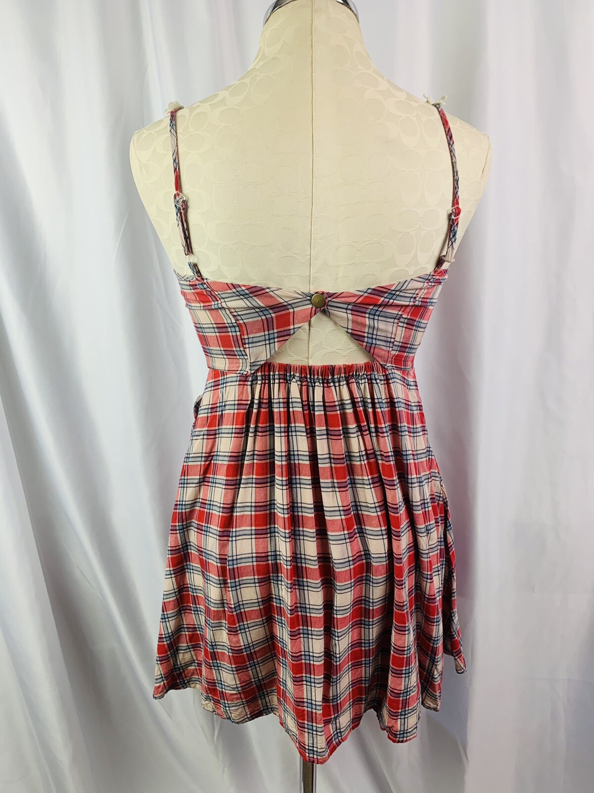 Small Alythea Junior Women’s Red Plaid Dress Pockets Open Back Lined