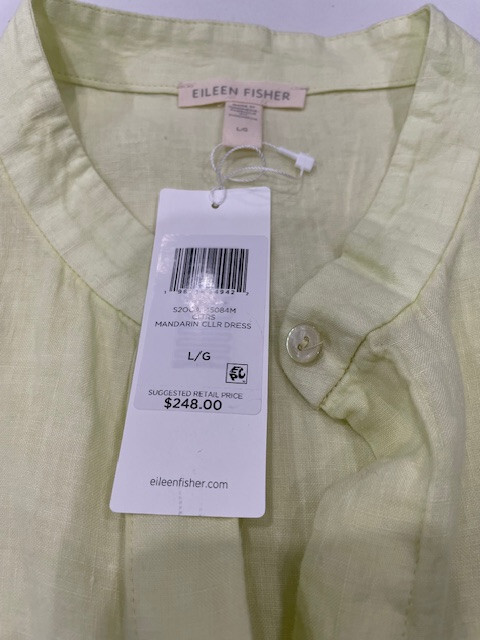 NWT! EILEEN FISHER $248 L ‘Citrus’ Lemon yellow Mandarin Collar Dress Mach Wash