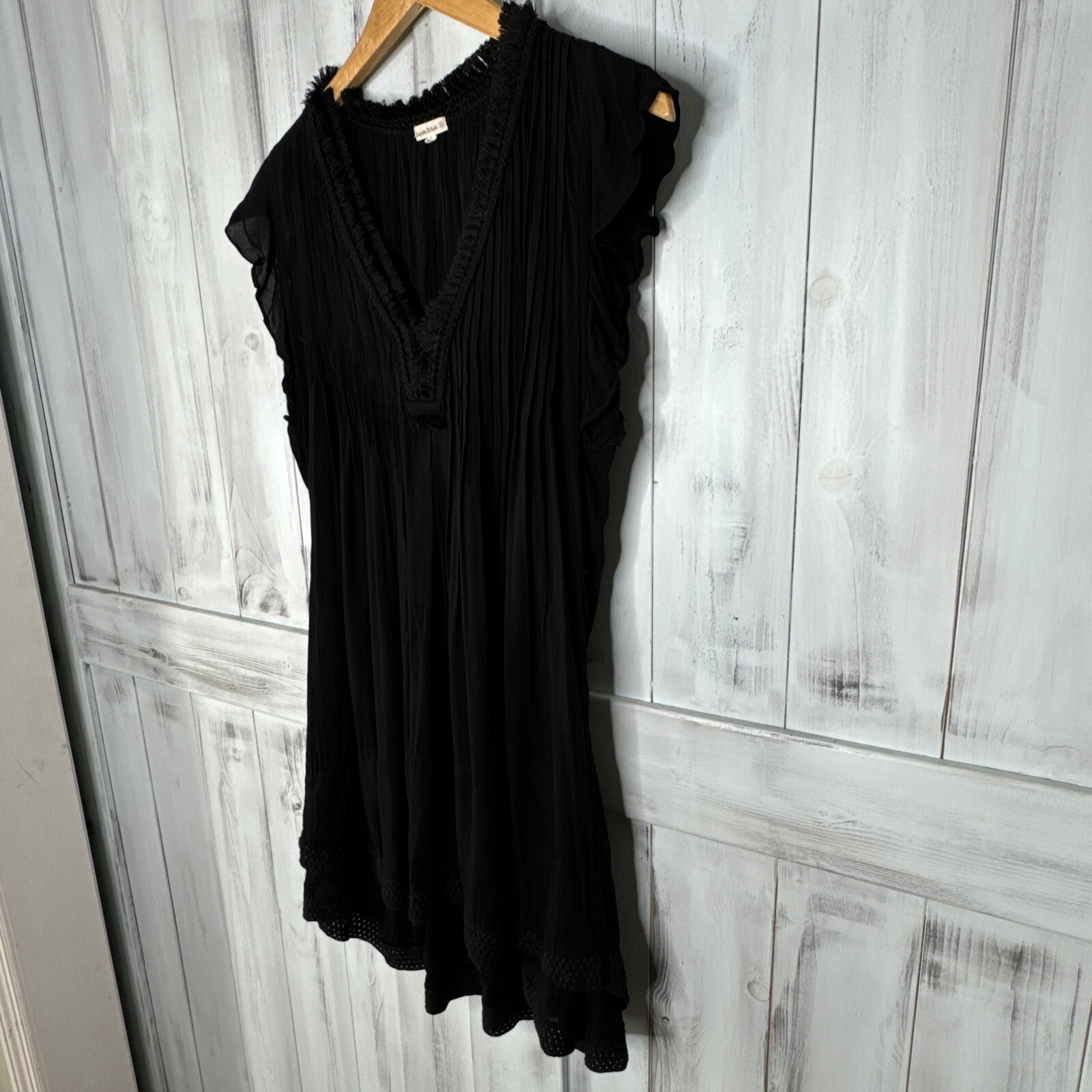 POUPETTE ST BARTH BLACK CROCHET SASHA PLEATED FLUTTER SLEEVE BOHO MINI DRESS S