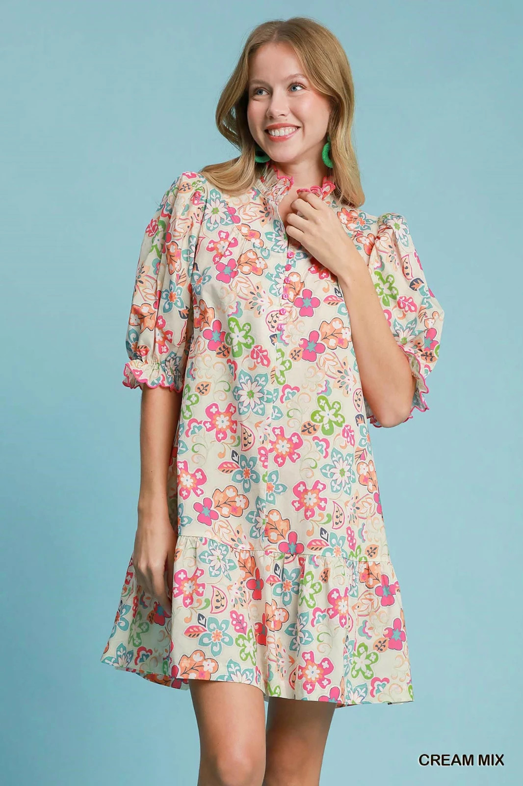 Umgee Multi Color High Neck Round Yoke Button Down Tiered Mini Dress