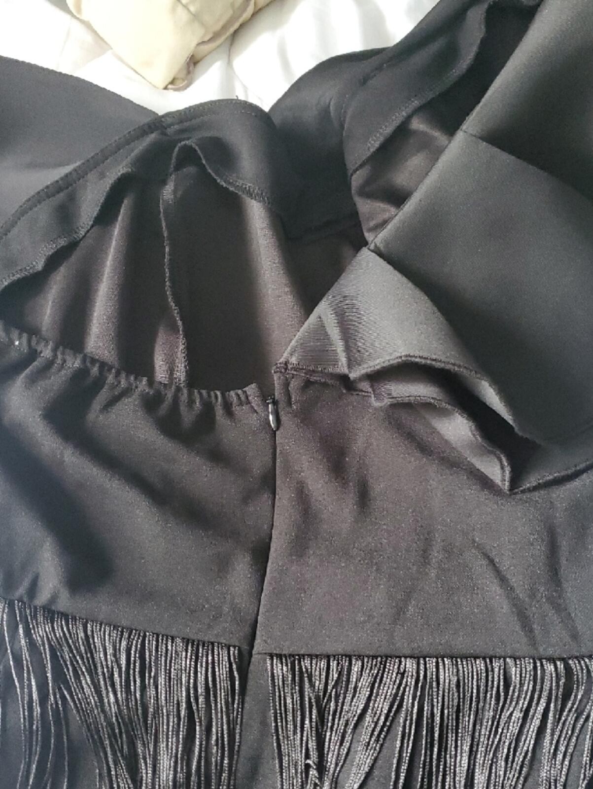 One-Shoulder Black Fringe Evening Dress with Dramatic Bow [COPY]