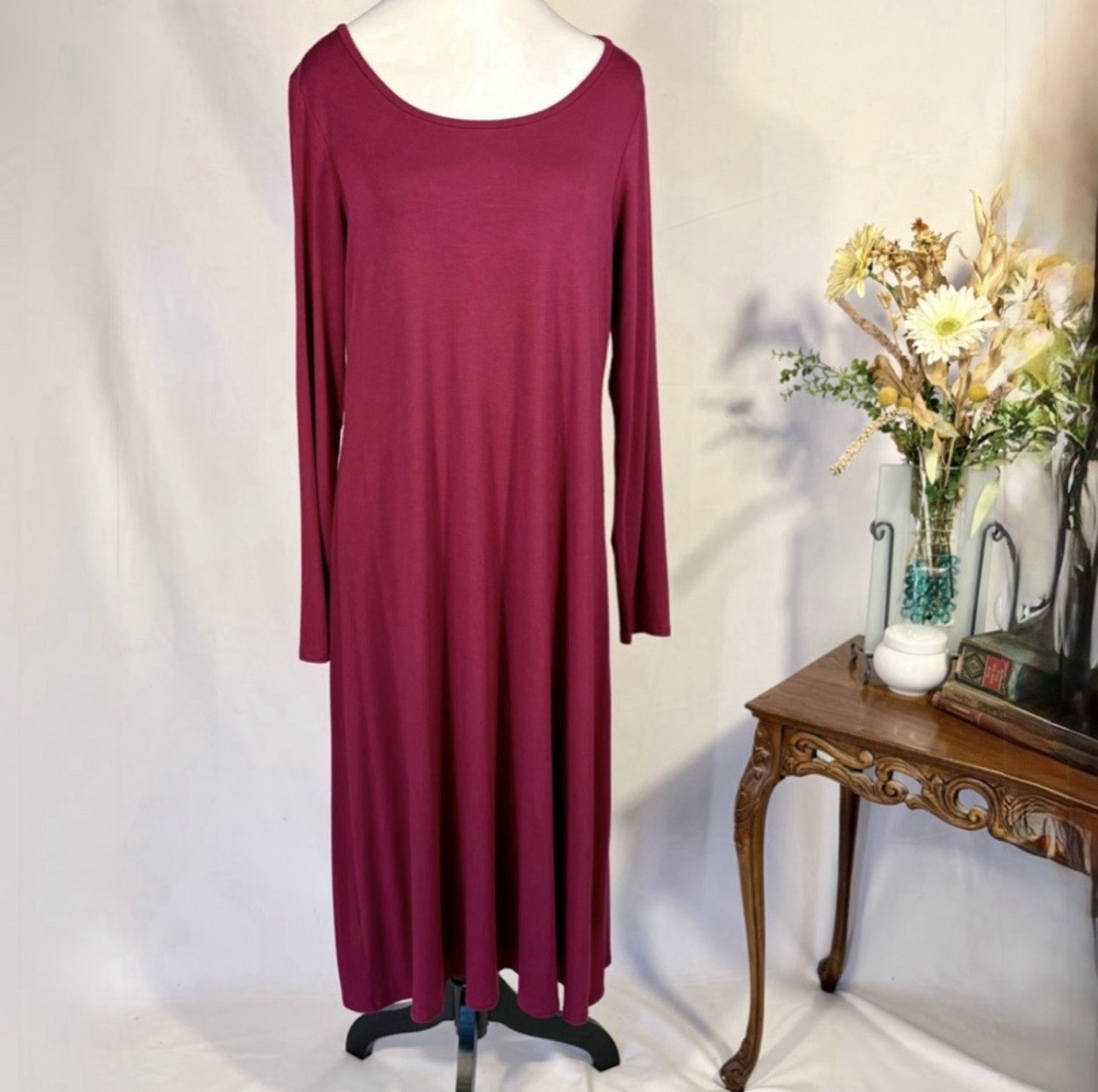 💥Eileen Fisher Scarlet Red Viscose Jersey Keyhole-Back Midi Dress Sz Medium 💛
