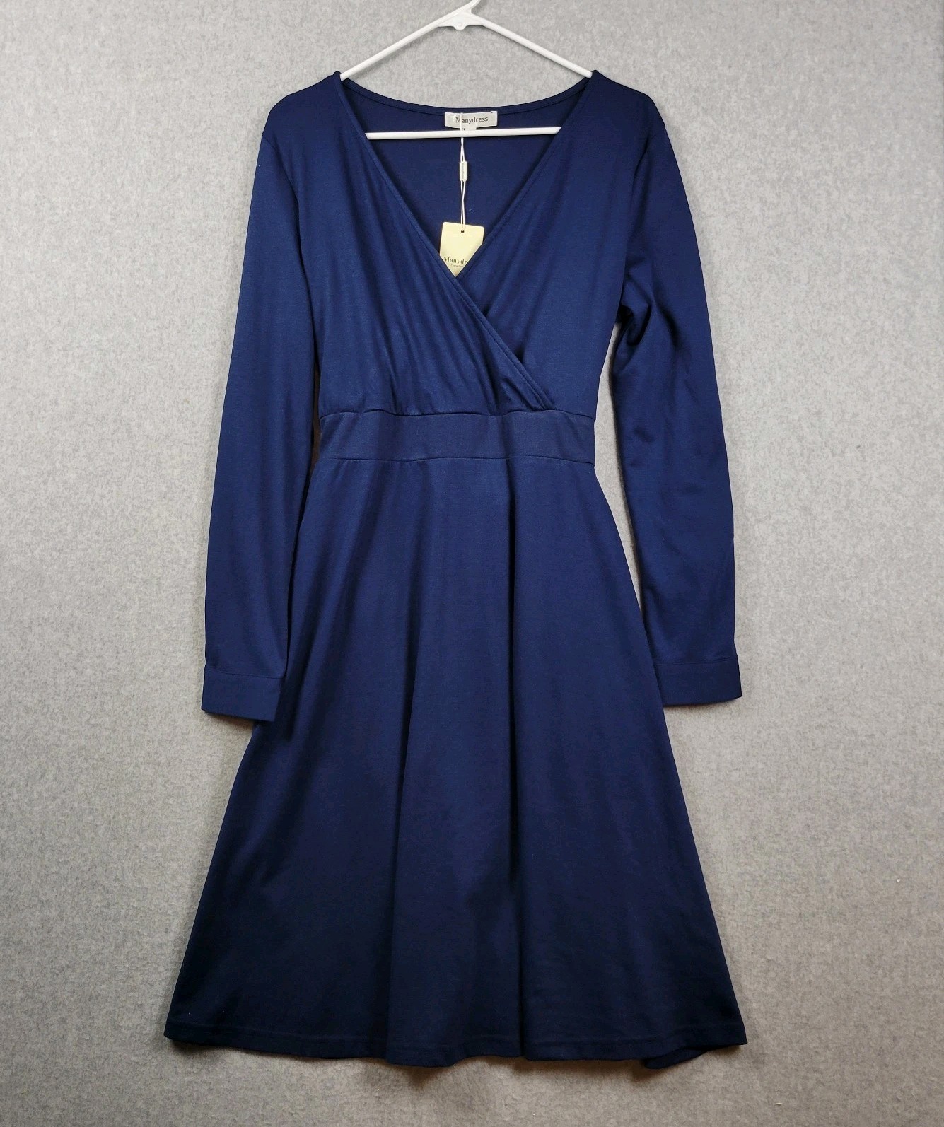 Manydress Blue RTS V Neck Faux Wrap A Line Midi Dress Women’s Large Pockets