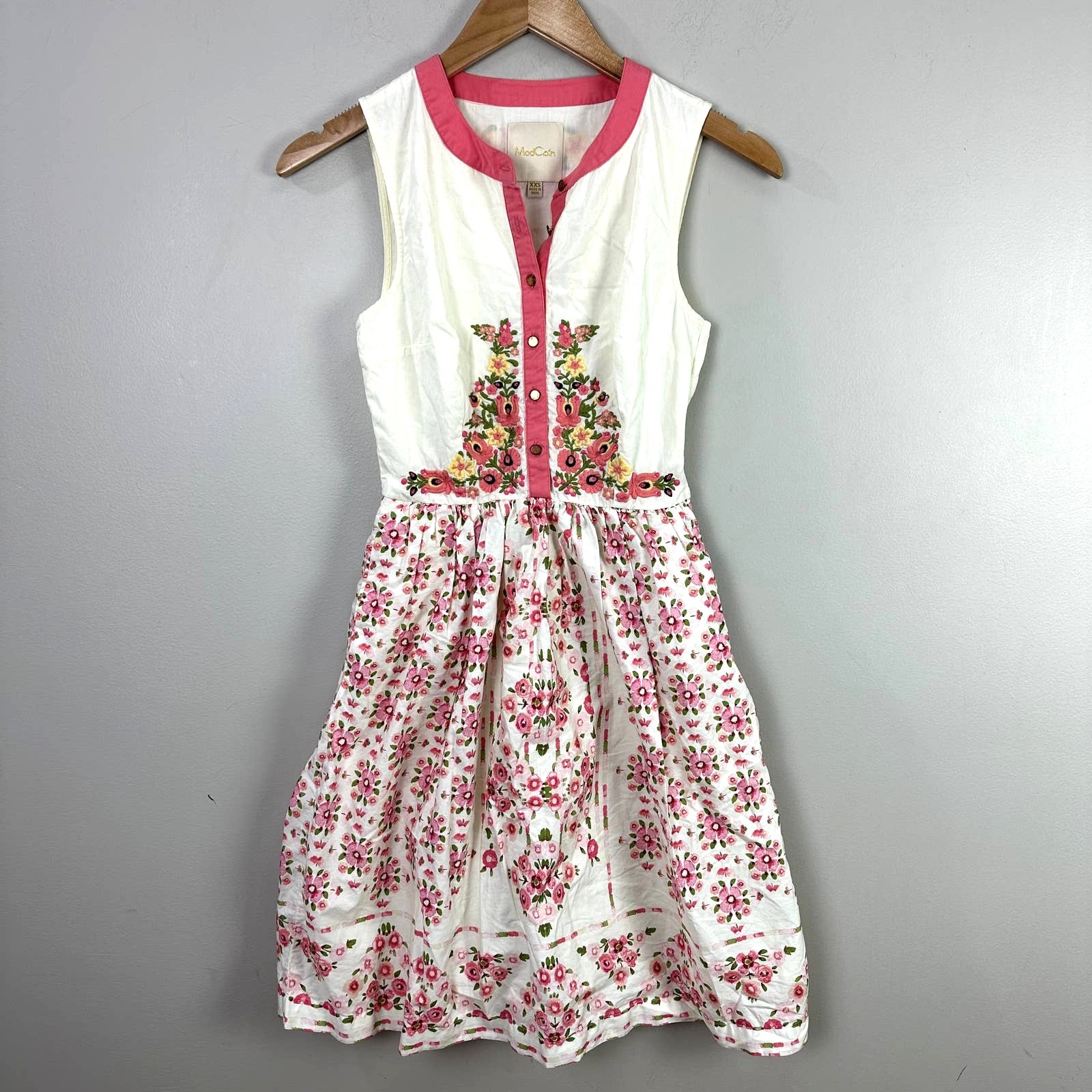 Modcloth Conversation Masterpiece Dress Pink Embroider Floral A Line XXS 2XS
