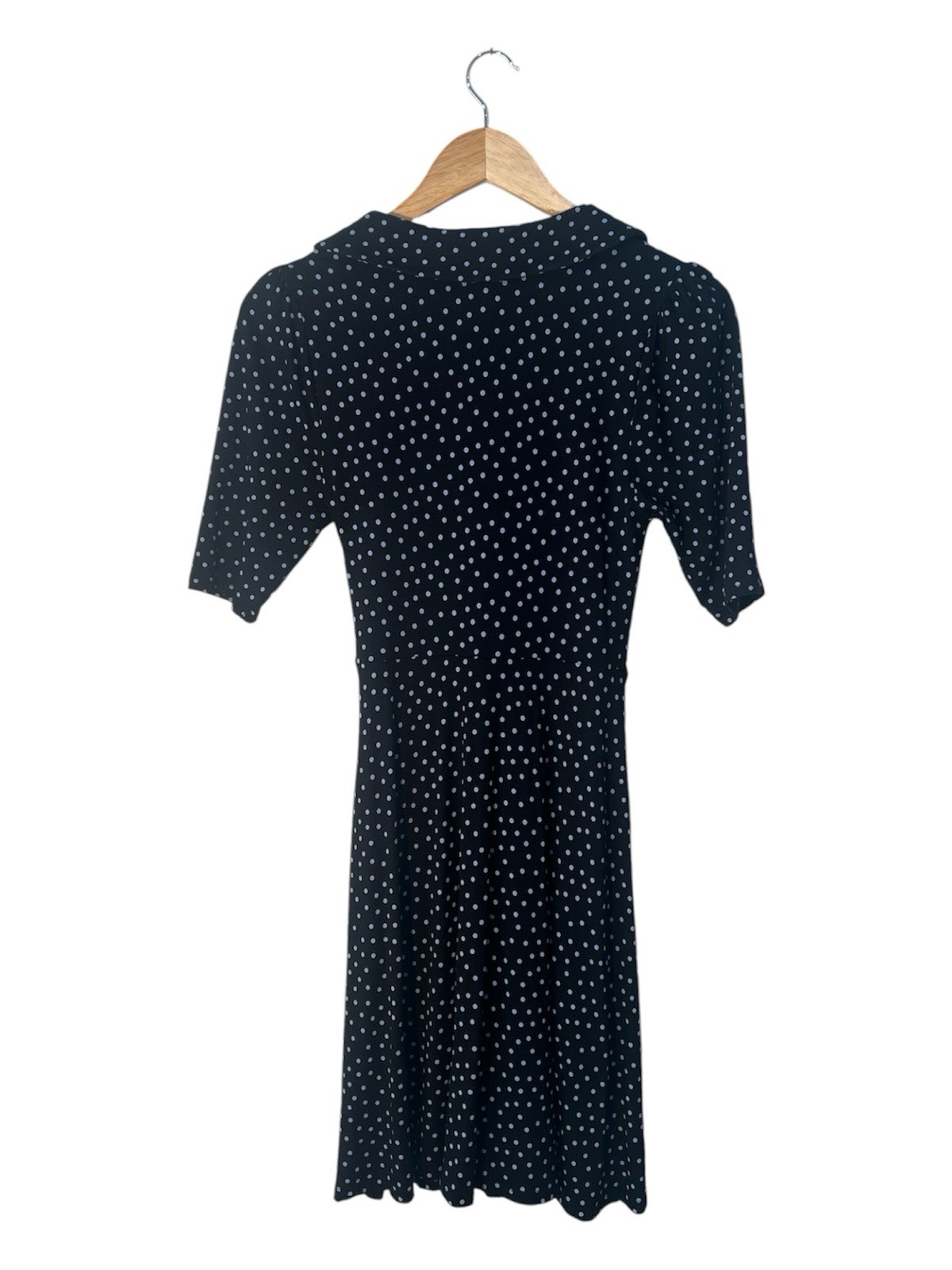 Boden Black Gray Polka Dot Faux Wrap Dress Fit & Flare Stretch Size 4R