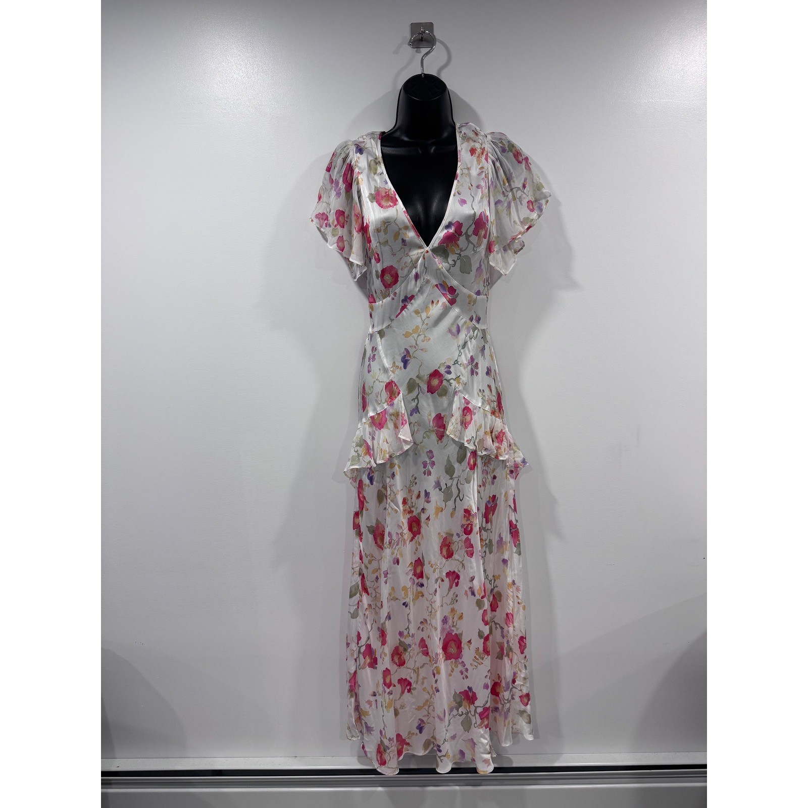 Rixo Evie Floral Maxi Dress Pink White V-Neck Flutter Sleeve XS US 4