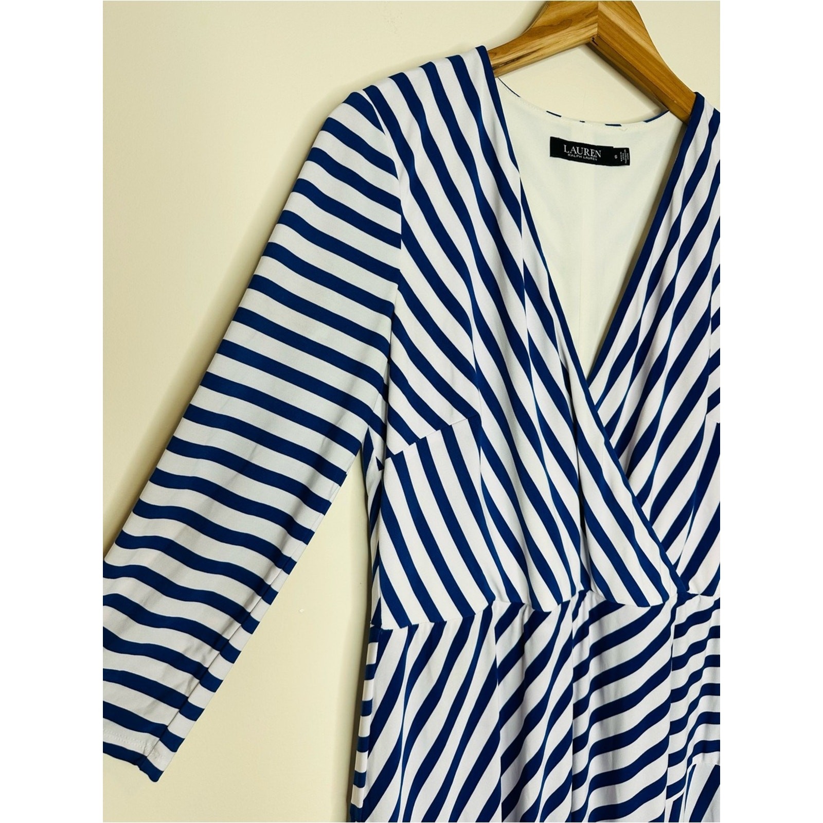Lauren Ralph Lauren Blue White Striped Surplice Midi Dress Size 6 Coastal Preppy