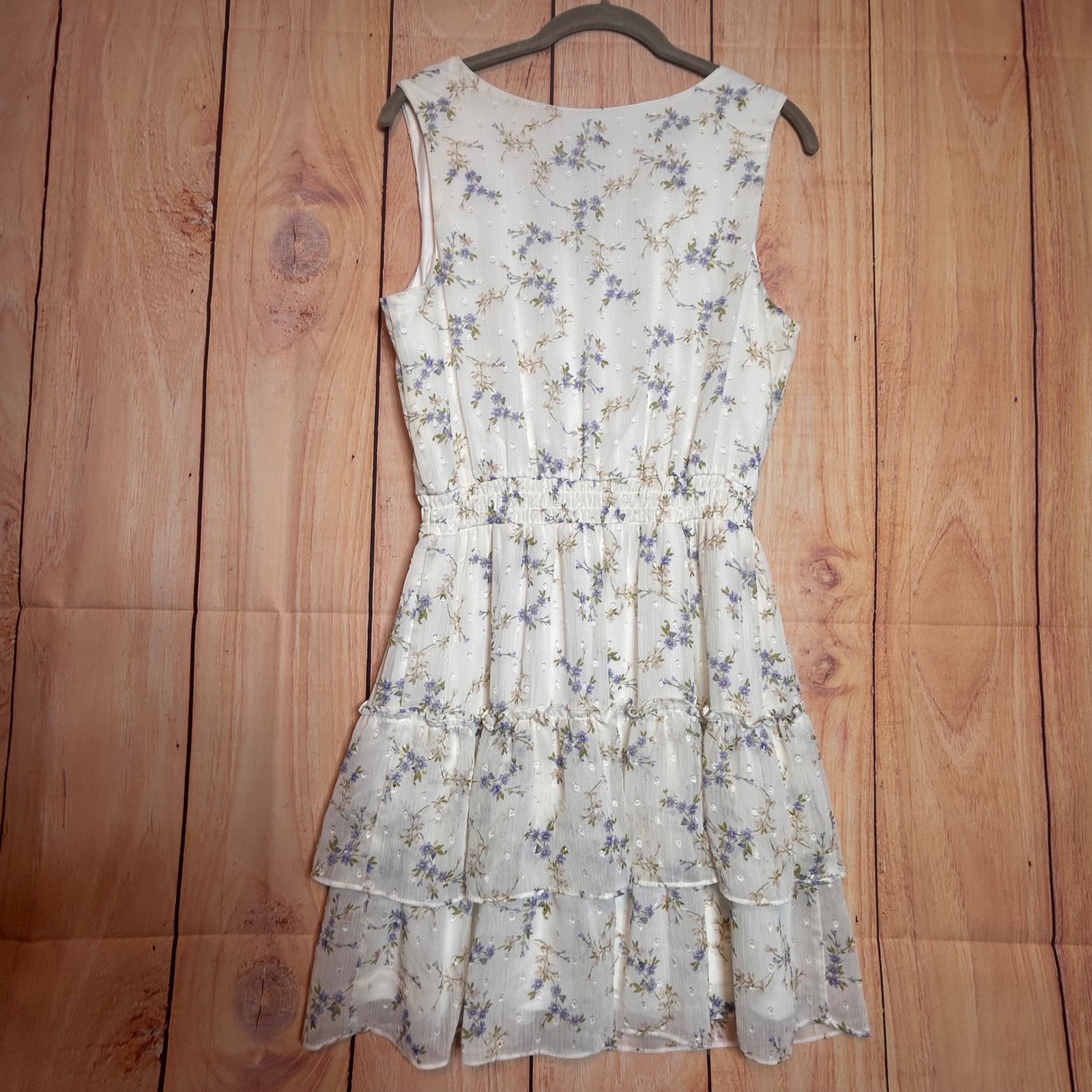 IZ Byer Floral Mini Dress Womens Medium White Purple Tiered Ruffle Cottagecore