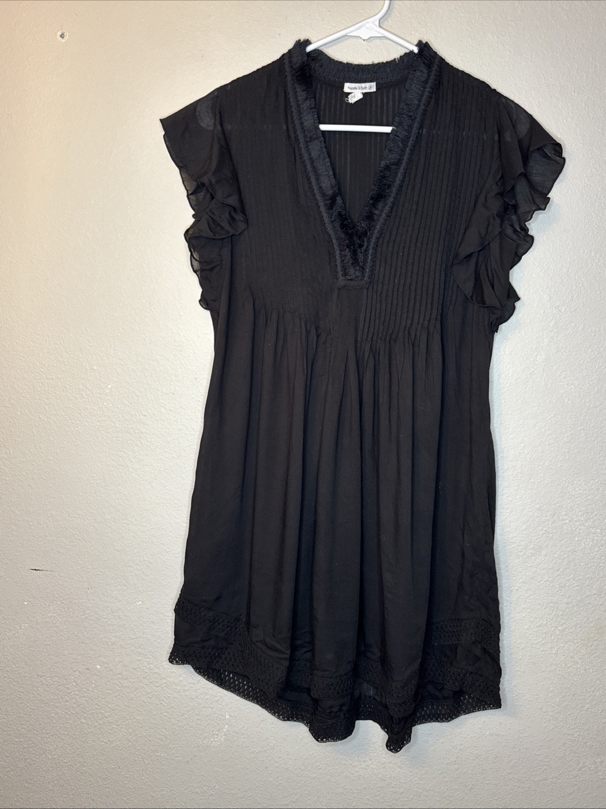 POUPETTE ST BARTH BLACK SASHA CROCHET PLEATED FLUTTER SLEEVE AIRY MINI DRESS XS