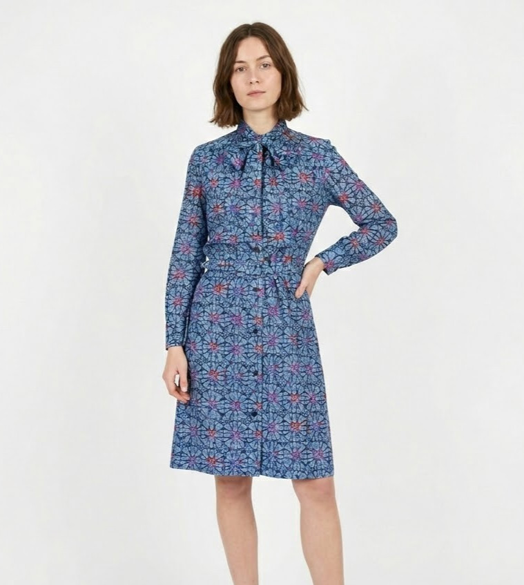 Vtg 60s 70s Pussy Bow Shirt Dress Blue Pink Batik Geometric Mod Belted Size S M