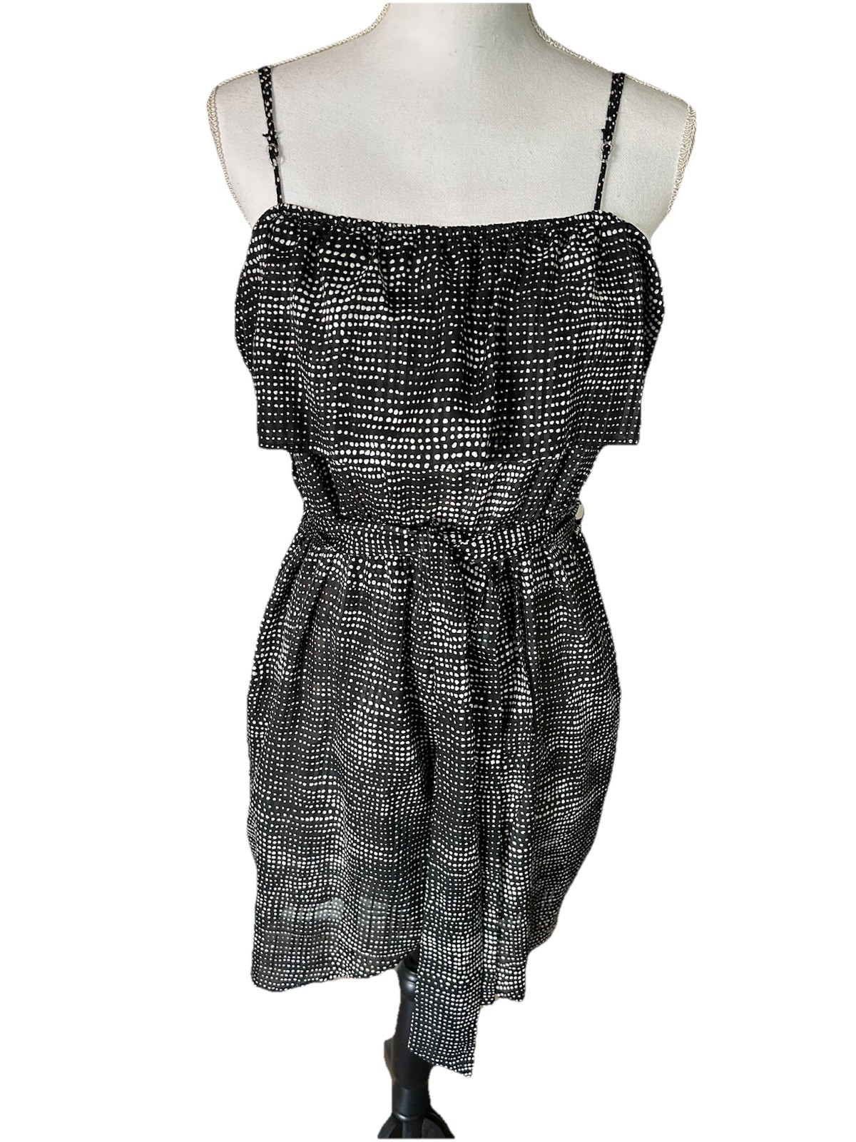 GLAM Dress Tunic Belted Ruffle Sleeveless Black/White Women’s Size Medium Summer