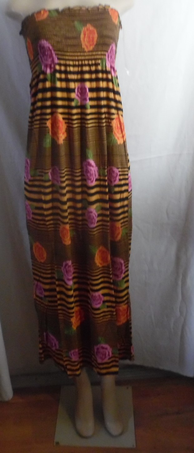 GOLD DRAMA LONG MAXI DRESS GOLD BLACK STRIPE STRAPLESS ELASTIC TOP MEDIUM