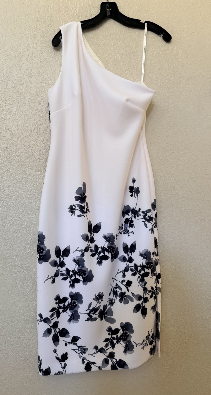 New Donna Karan New York One Shoulder Floral Print Dress Cream/Black Multi Sz 8