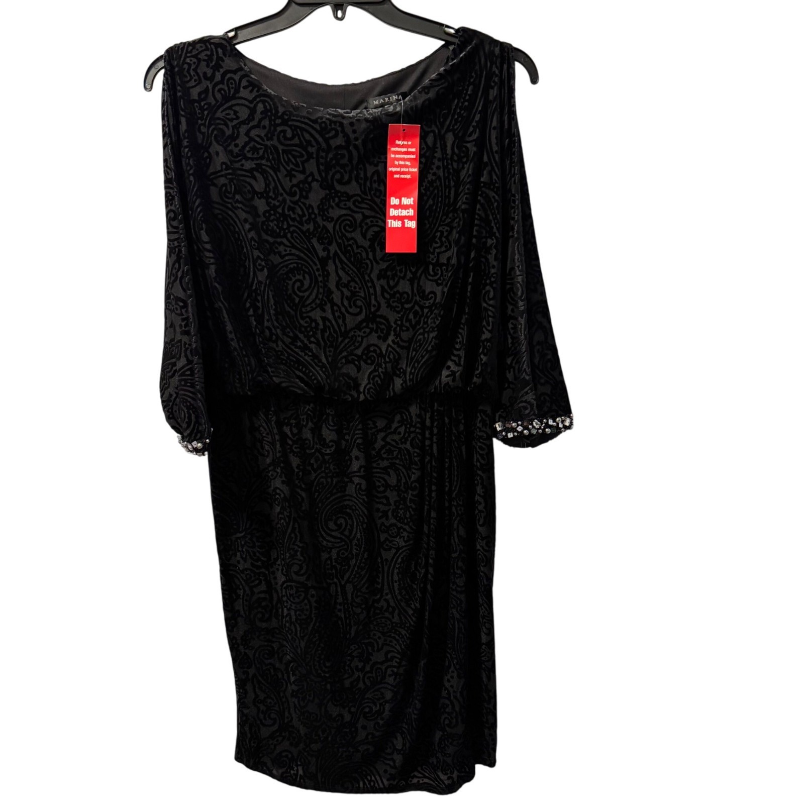 Black Marina Beaded Cuff Dress Size 14 black velvet embellished dress. NWT