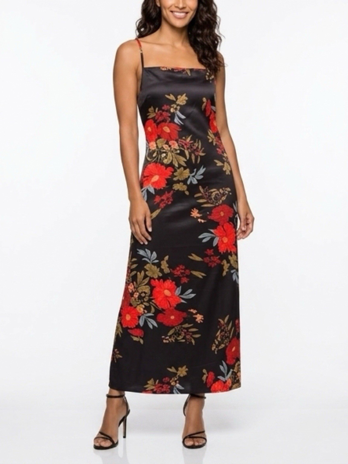 12th Tribe Natalia Black Floral Maxi Dress Zip Side Slit Sz S