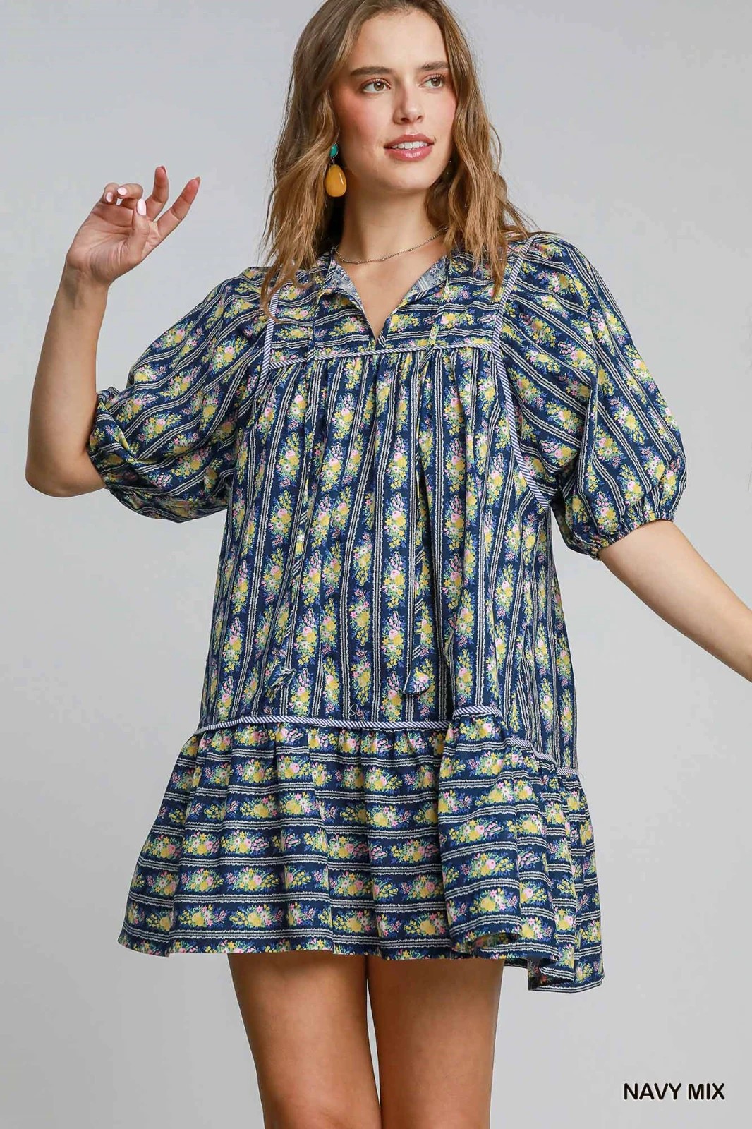 Umgee Navy Mix Floral Print Mini Dress w/ Contrast Stripe Piping
