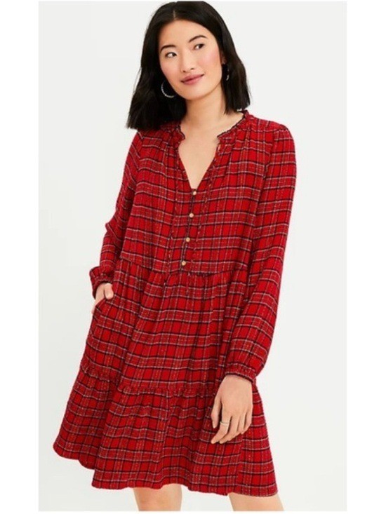 Ann Taylor LOFT Metallic Tartan Plaid Tiered A-Line Dress Holiday Red Small