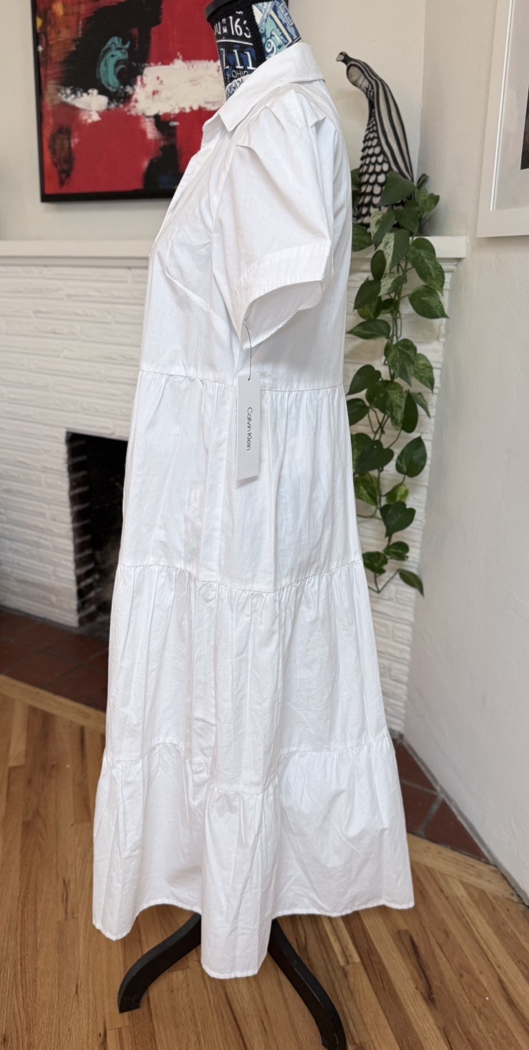 Calvin Klein White Collared Button Short Sleeve Maxi Shirt Dress 100% Cotton 6