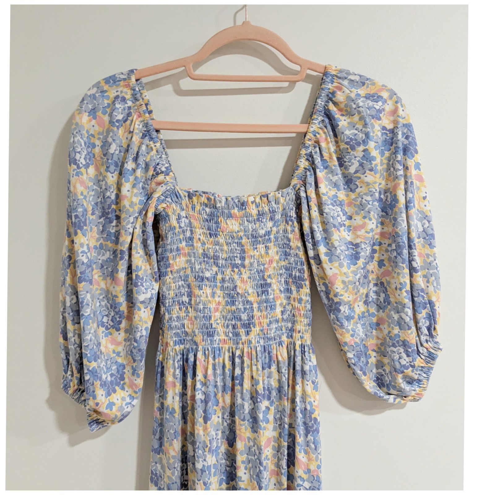 Polo Ralph Lauren Floral Shirred Cotton-Blend Midi Dress Blue Yellow Womens XXS
