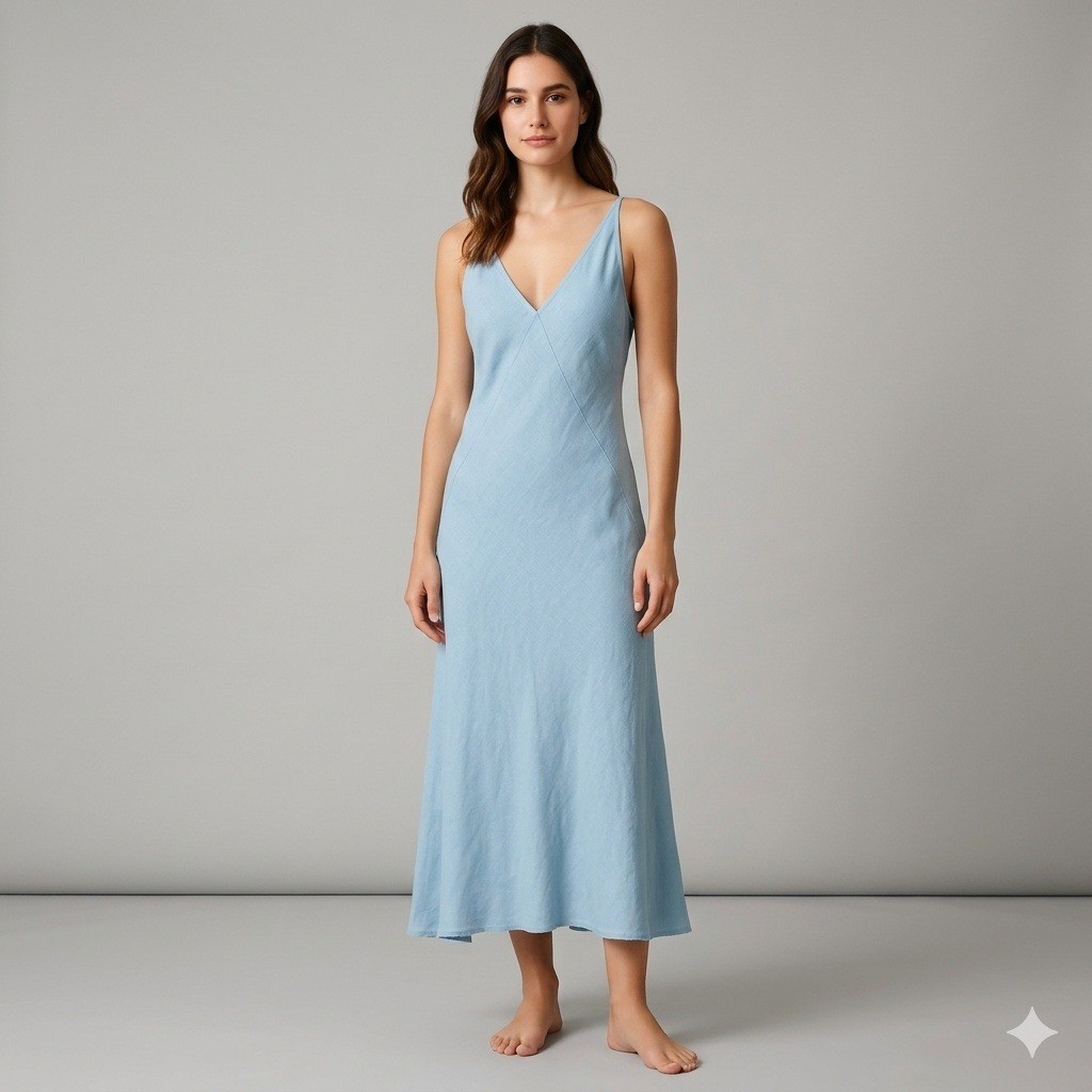 Pomandere Light Blue Lyocell Linen V-Neck Spring Maxi Dress Made in Italy