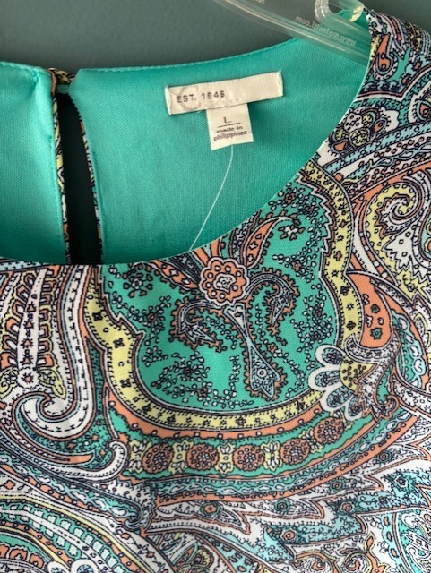 EST. 1946 Brown Teal Paisley Tiered 3/4 Sleeve Shift Dress NWT Boho L Feminine