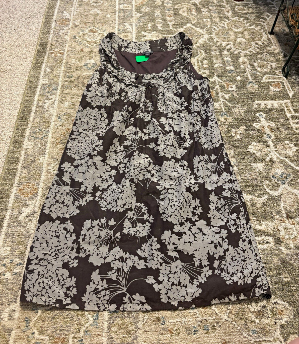 Lilla P Brown/White Floral Cotton and Silk Sleeveless Ruffle Shift Knee Dress