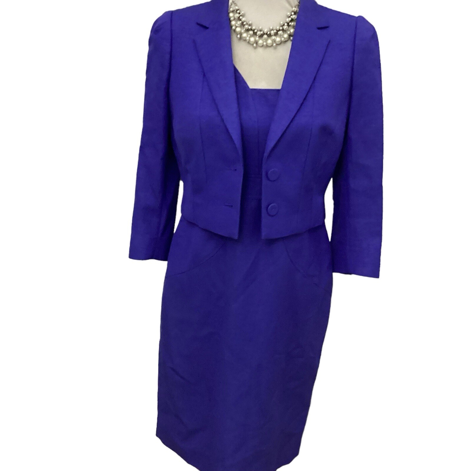 Hobbs Blue Cotton Dress Size 10 + Jacket Size 10 Short 39” Ec Away 30.4