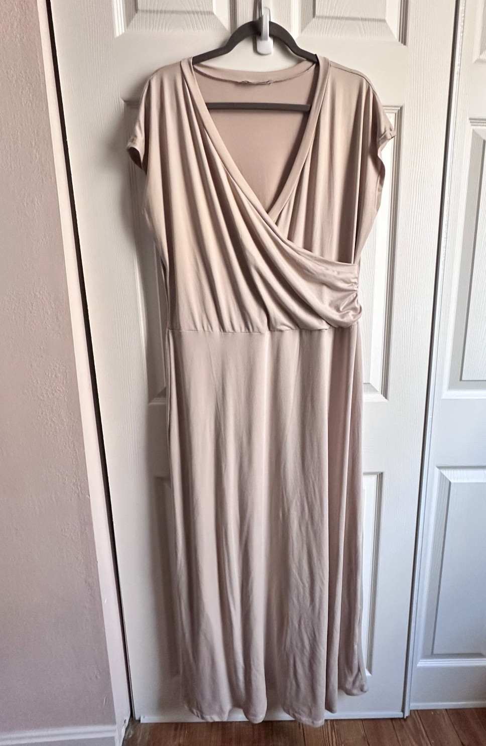 DoubleJu Womens 3X Beige Taupe Jersey Draped Faux Wrap Cap Sleeve Maxi Dress