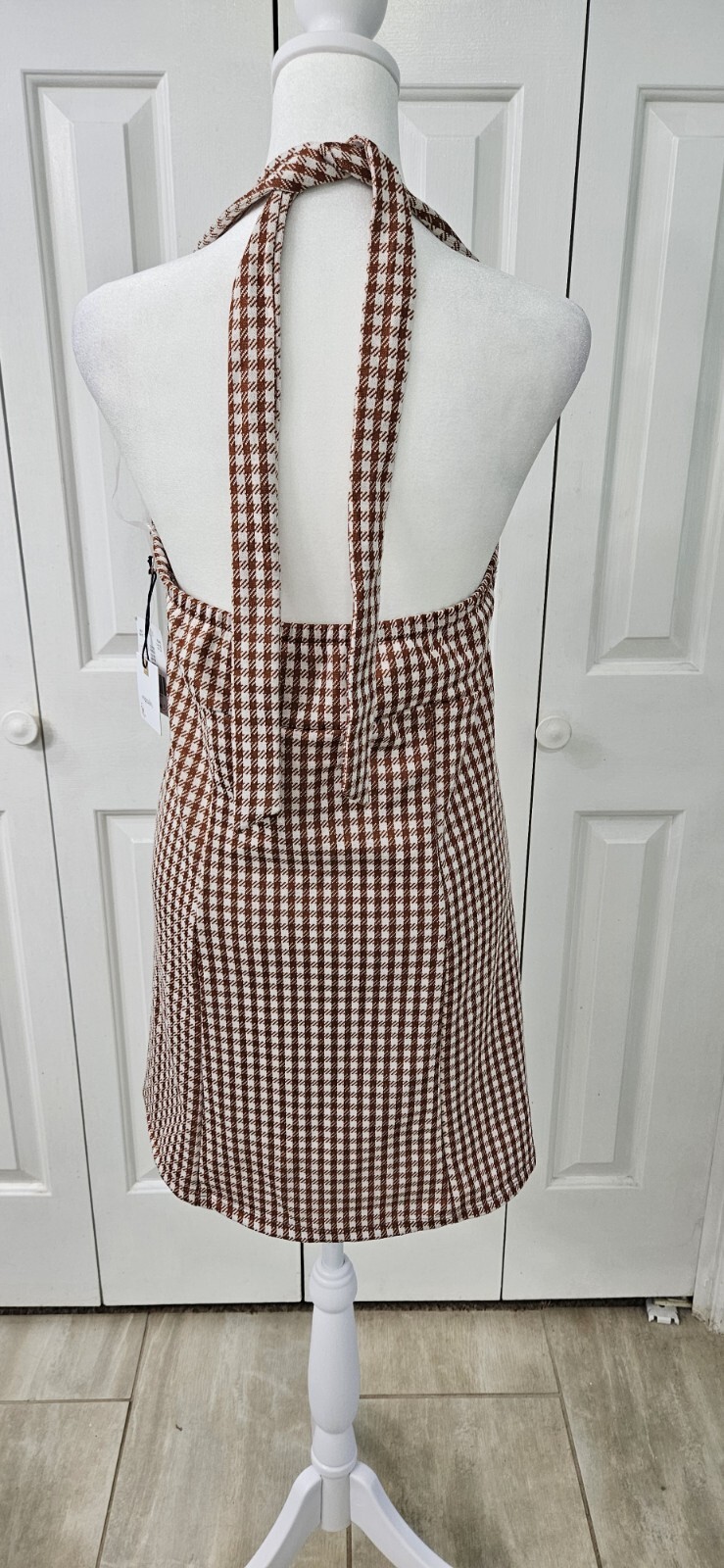 Originality Brick/Cream Check Halter Dress V Neck Tie back, Stretch, XL USA NWT