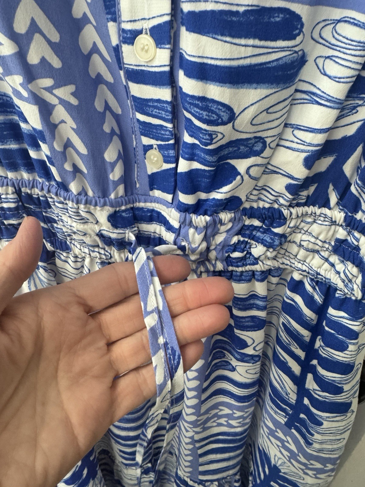 Loft Flutter Sleeves Elastic Waist Ruffle Tie Split Neck Button Blue Design XS