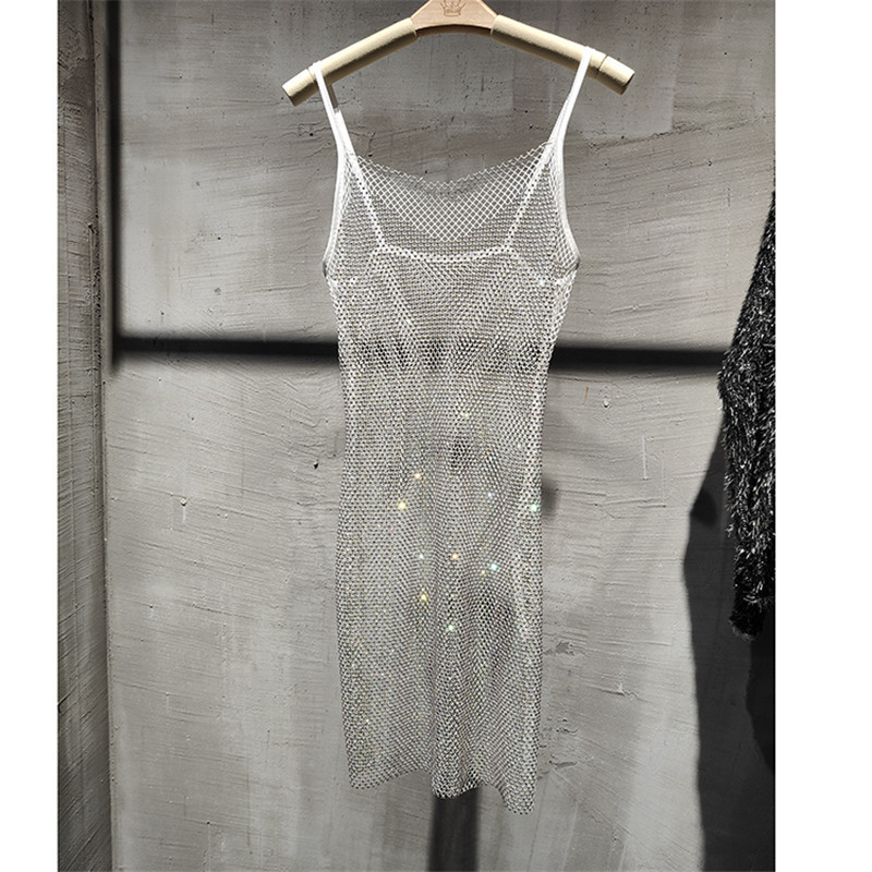 Sexy Bright Rhinestone Crystal Wrap Hip Strap Mid Length Slim Fit Trendy Dress