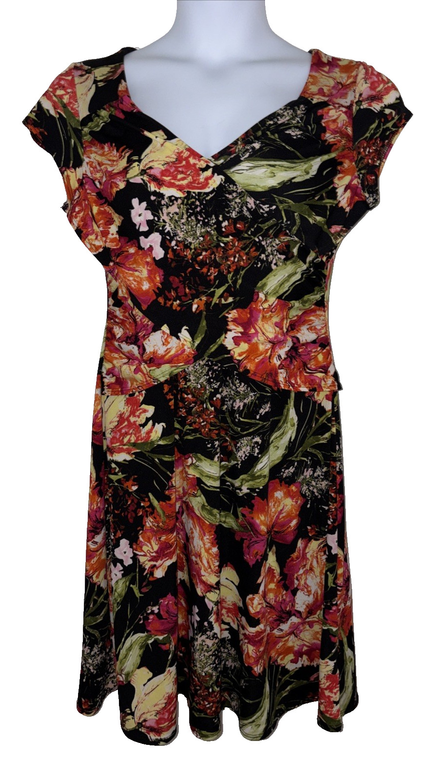 NY Collection B-Slim Bright Floral Faux Wrap Midi Dress Size M Lined Stretch
