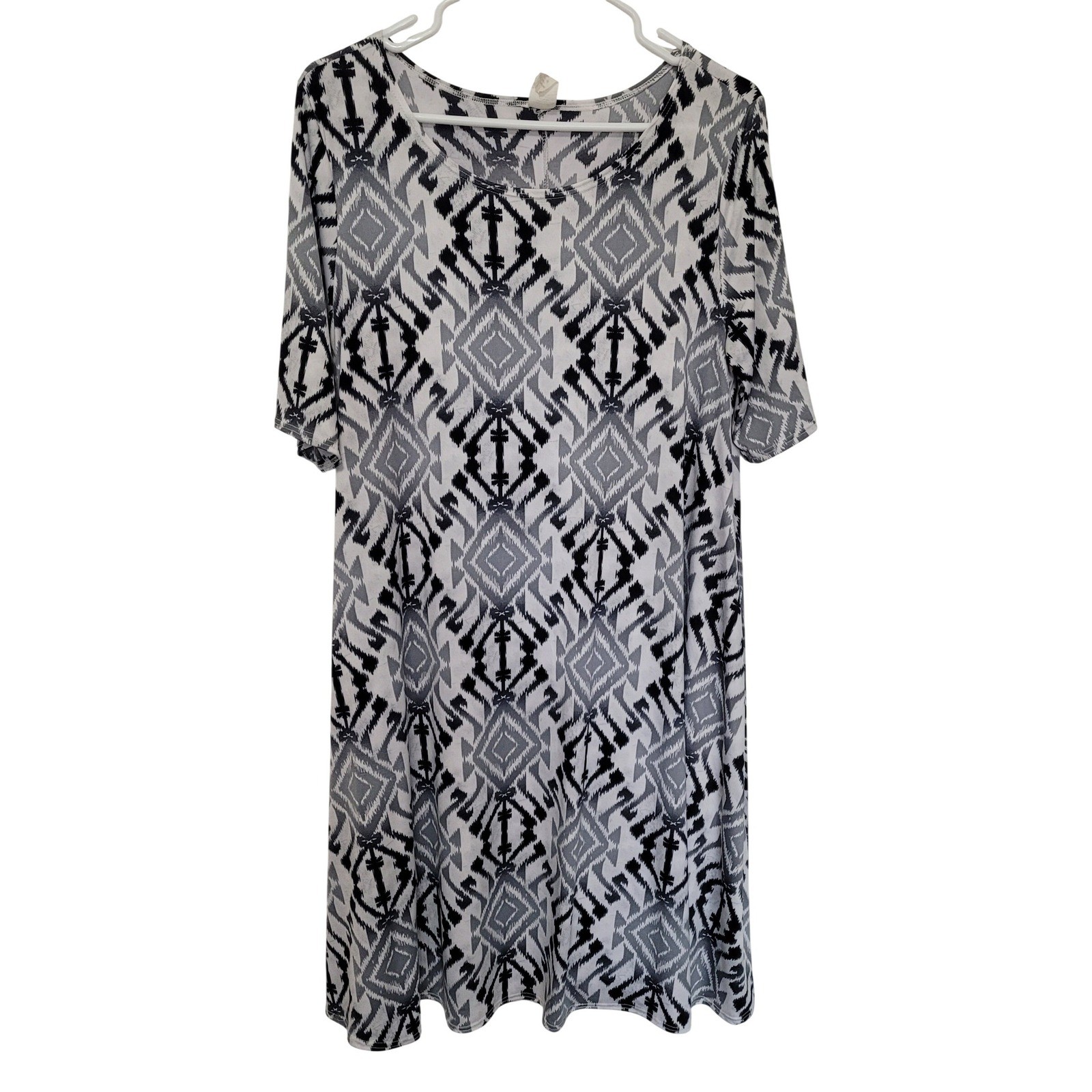 Unbranded Geometric Ikat Shift Dress Womens 1XL Black Grey Boho Scoop Neck