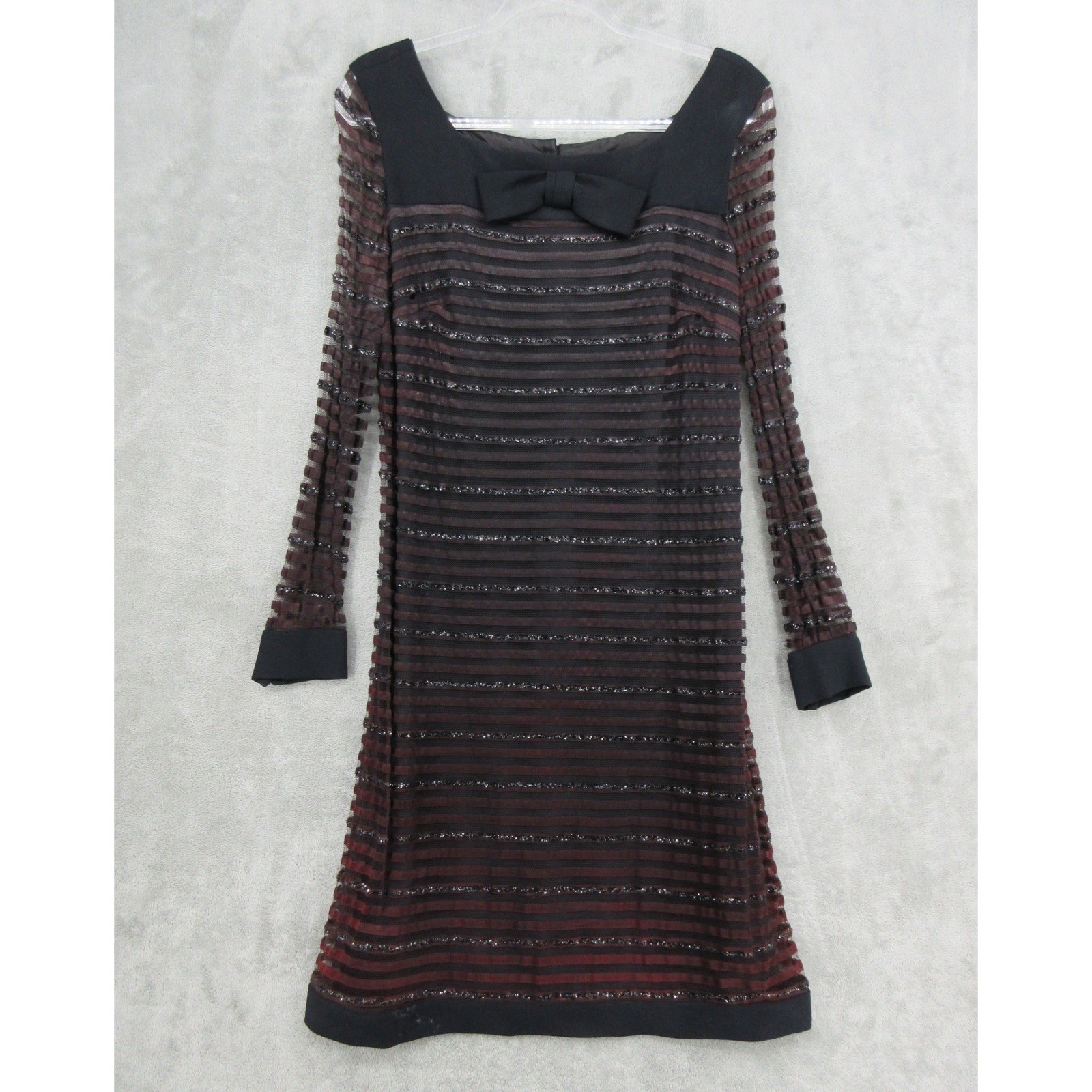 True Vintage Dress Womens Small Bow Striped 60s Cocktail Illusion Lace Mod Black