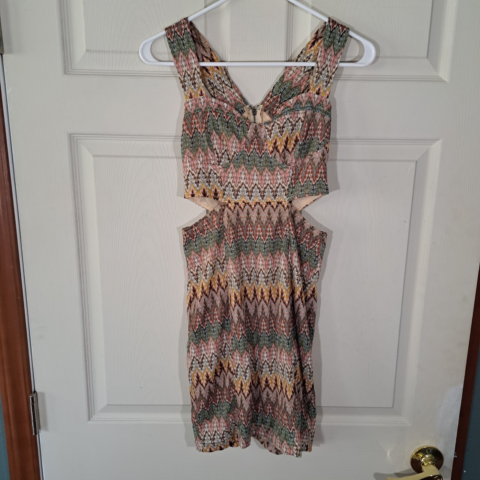 Ark And Co Womens Dress Size Small Beige Pink Green Slit At Waist Zipper Closure