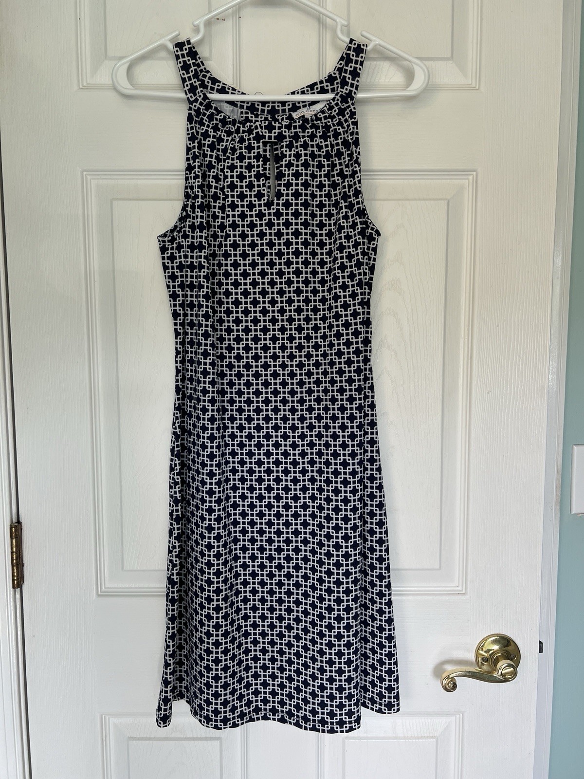 Jude Connally Blue White Geometric Shift Knee Dress Knit Stretch Keyhole S